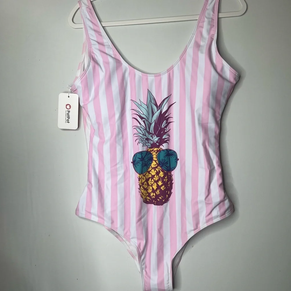 PATPAT  Womans Size XL Swimsuit One Piece Pineapple Pink Striped Build In Bra - Picture 4 of 11